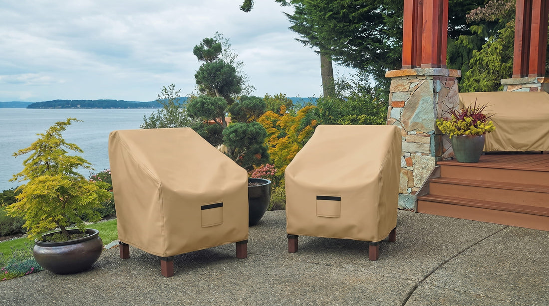 Bright modern backyard patio featuring beige Brosyda waterproof patio chair covers in a cozy outdoor living space.