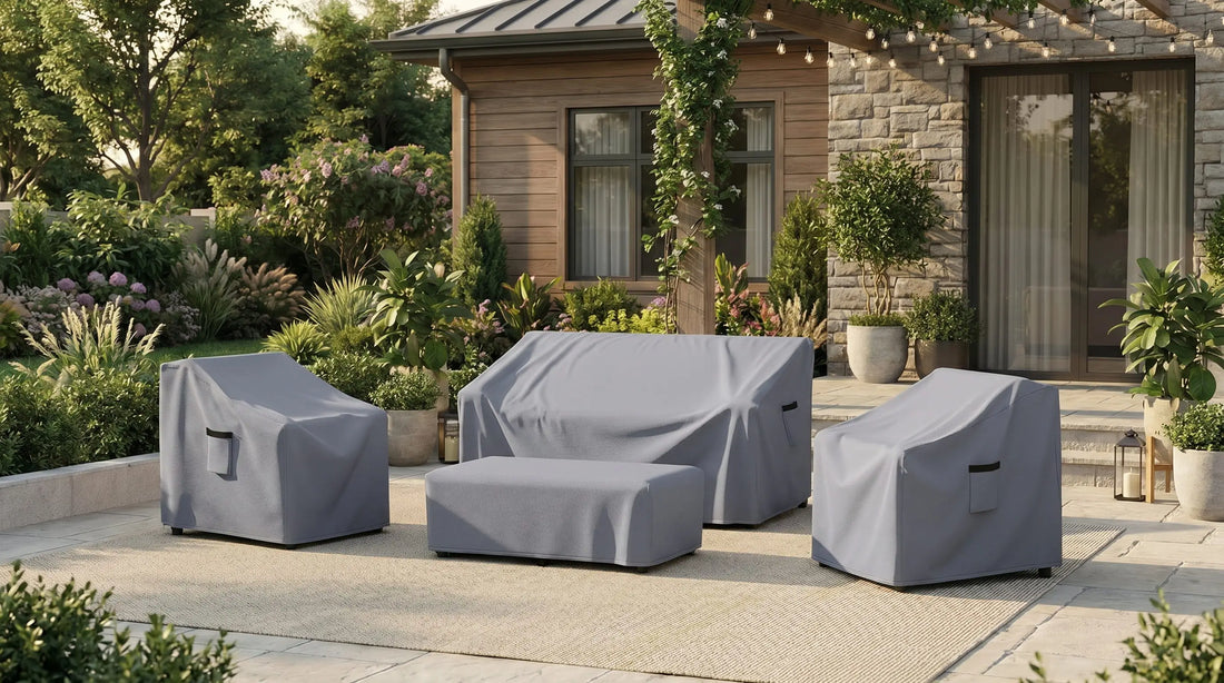 Clean backyard patio with patio furniture covers in a warm and relaxing outdoor setting.